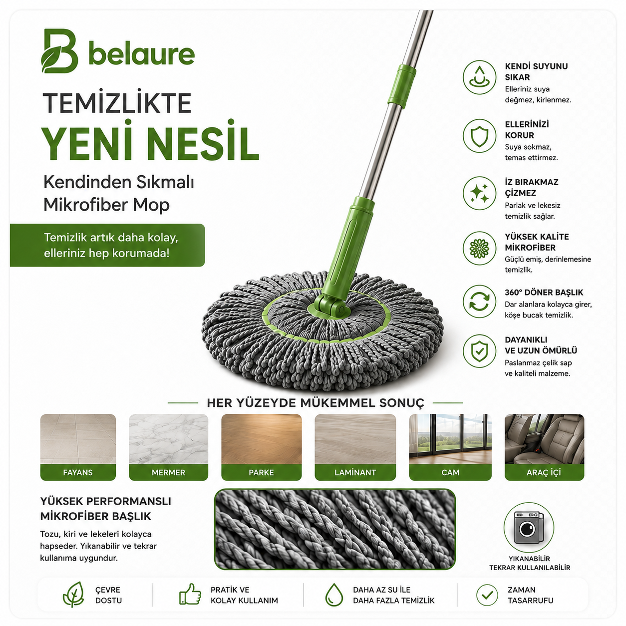 Belaure™ Pro - Yeni Nesil Kendinden Sıkmalı Çelik Saplı Mikrofiber Mop