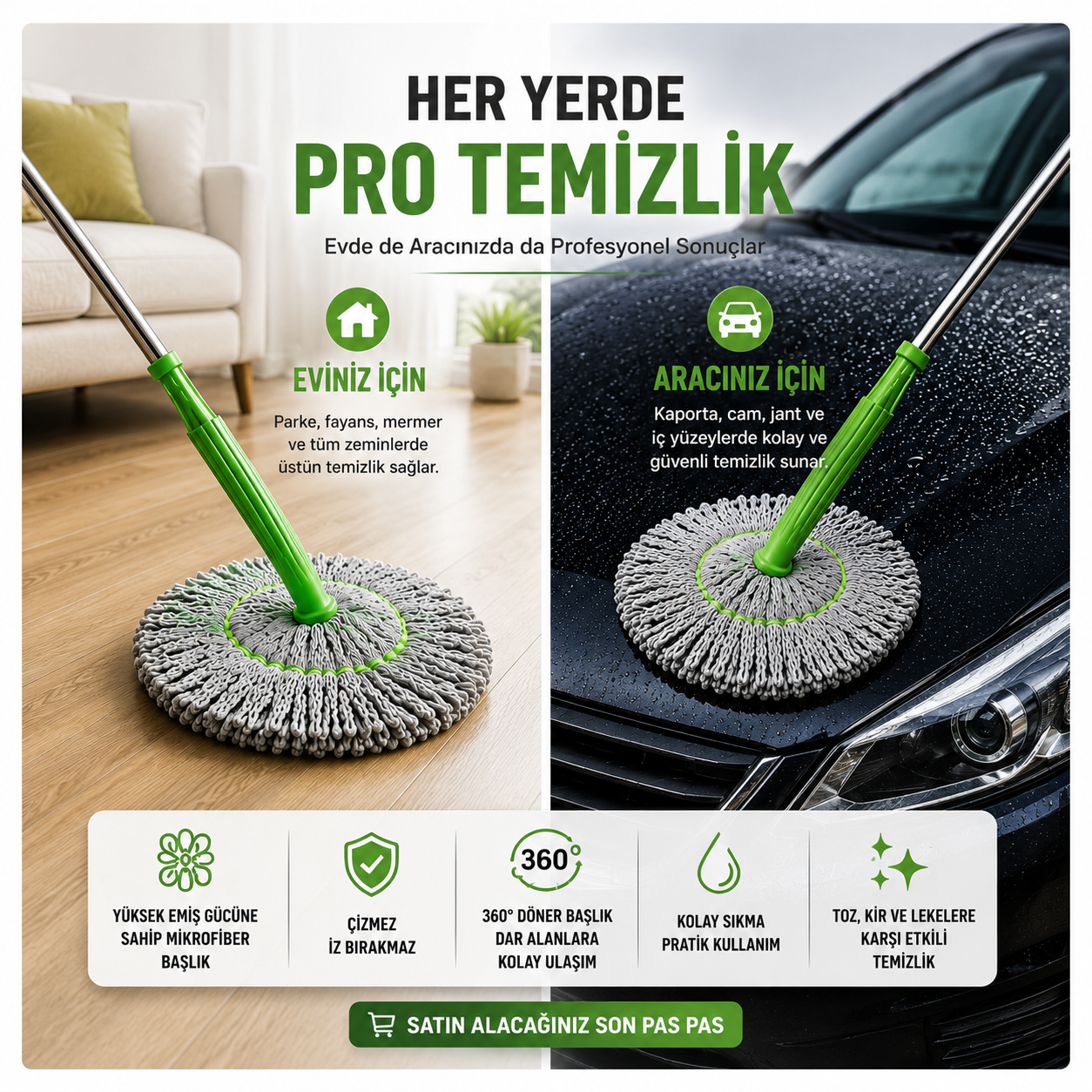Belaure™ Pro - Yeni Nesil Kendinden Sıkmalı Çelik Saplı Mikrofiber Mop