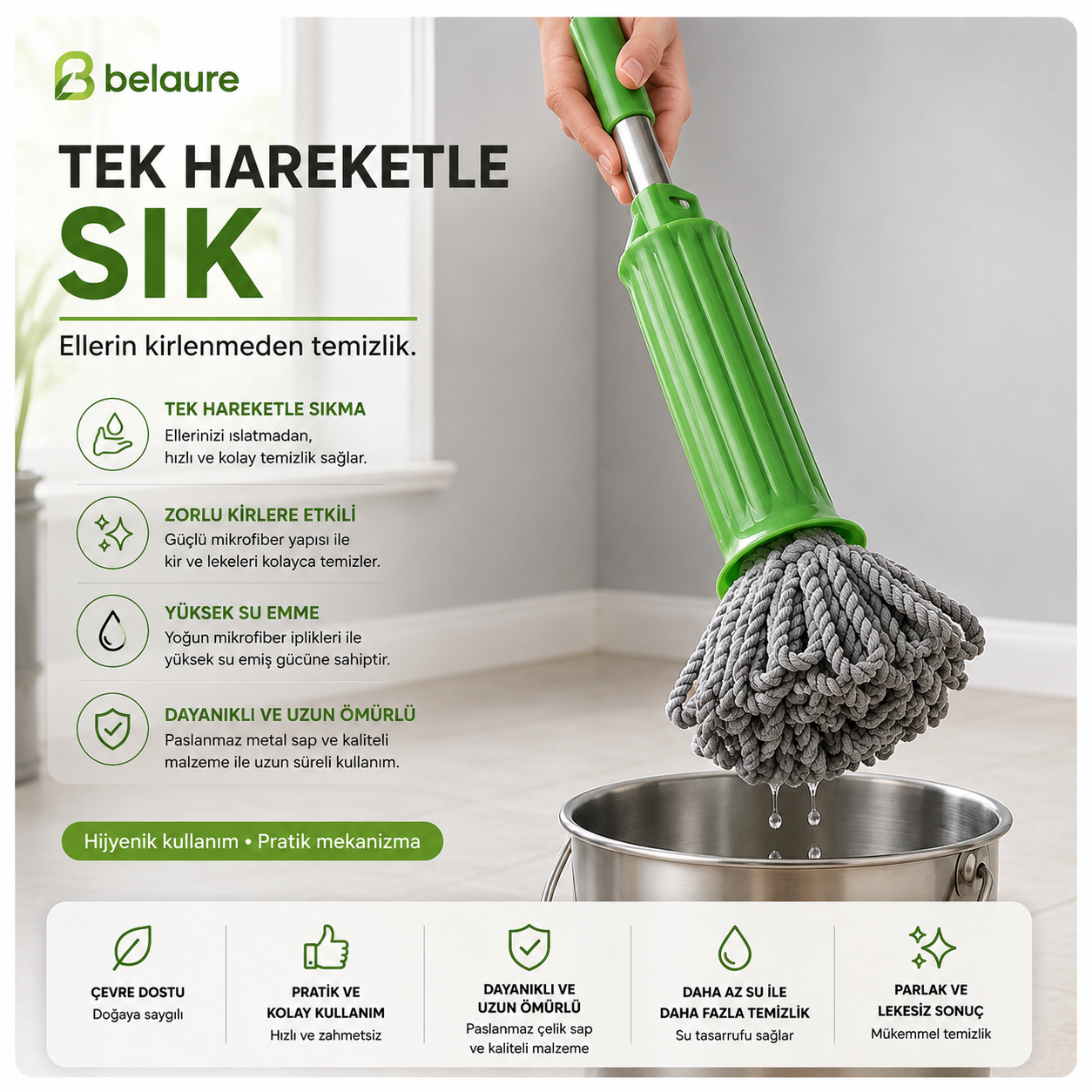 Belaure™ Pro - Yeni Nesil Kendinden Sıkmalı Çelik Saplı Mikrofiber Mop