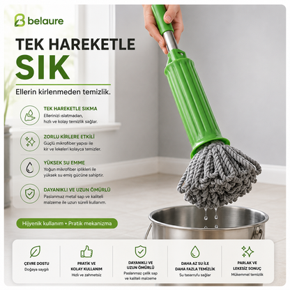 Belaure™ Pro - Yeni Nesil Kendinden Sıkmalı Çelik Saplı Mikrofiber Mop