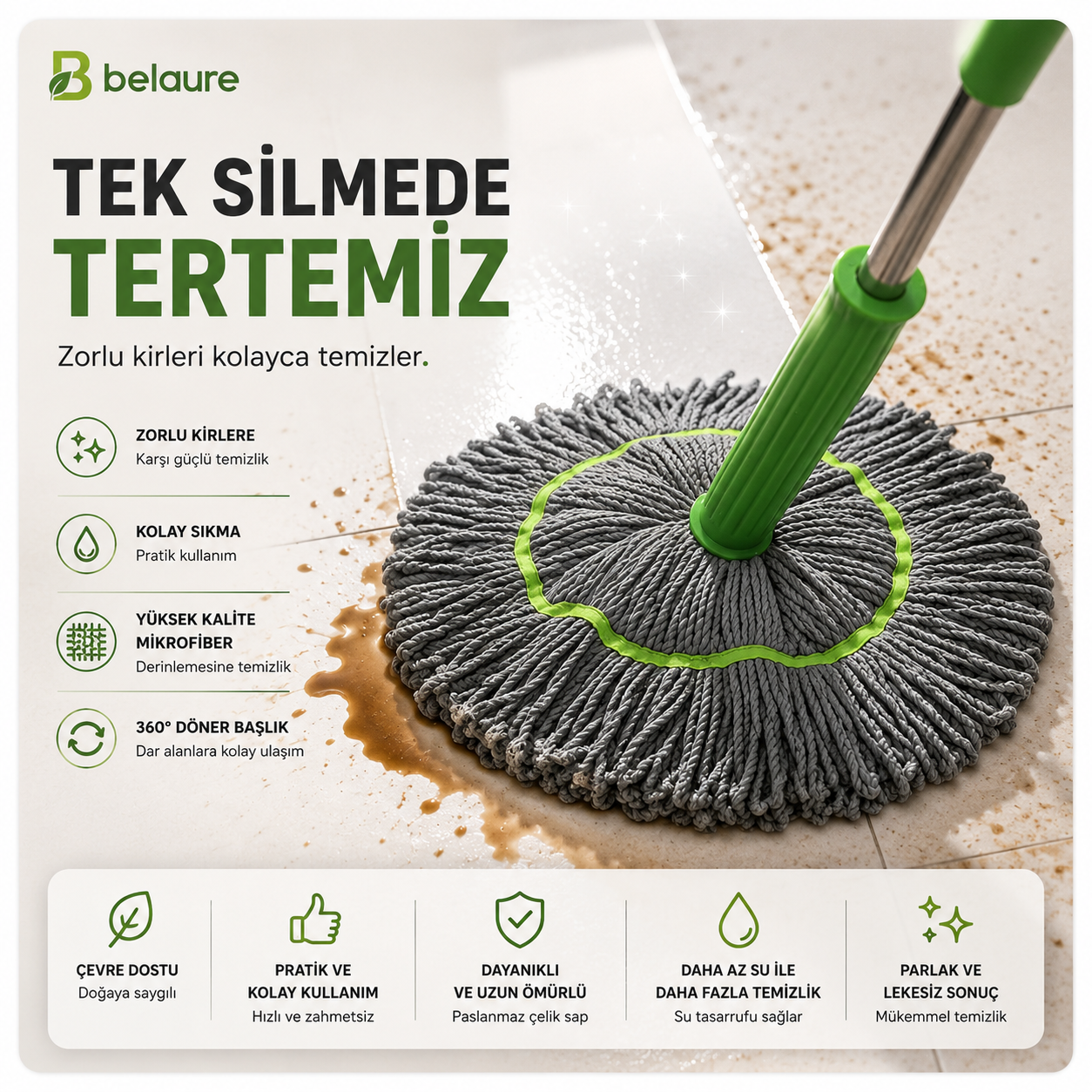 Belaure™ Pro - Yeni Nesil Kendinden Sıkmalı Çelik Saplı Mikrofiber Mop