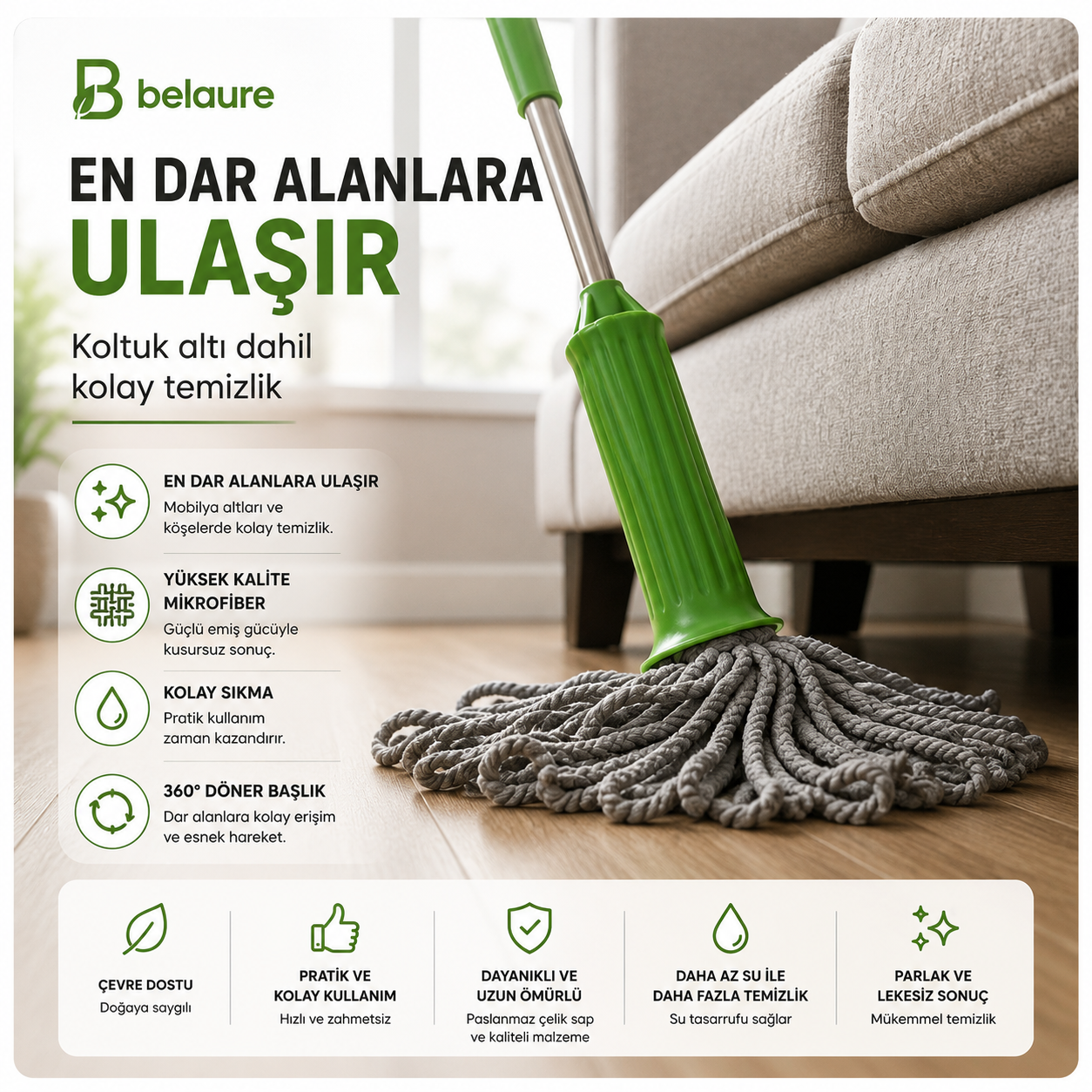 Belaure™ Pro - Yeni Nesil Kendinden Sıkmalı Çelik Saplı Mikrofiber Mop