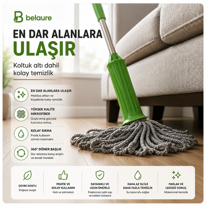 Belaure™ Pro - Yeni Nesil Kendinden Sıkmalı Çelik Saplı Mikrofiber Mop