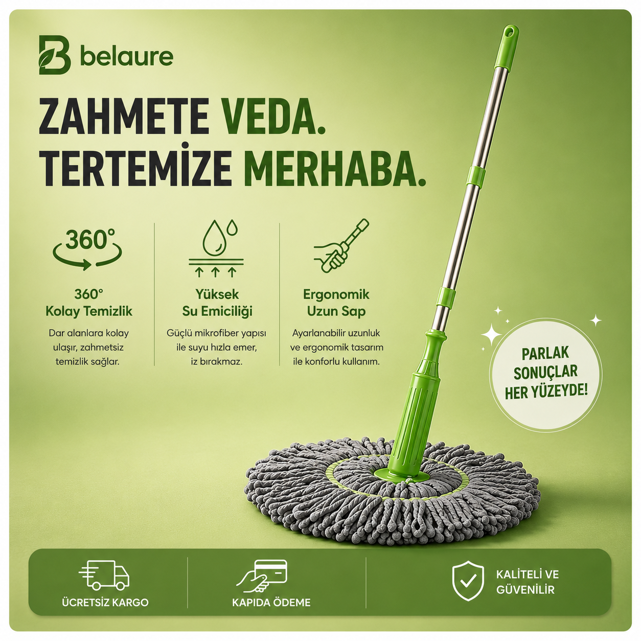 Belaure™ Pro - Yeni Nesil Kendinden Sıkmalı Çelik Saplı Mikrofiber Mop