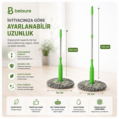 Belaure™ Pro - Yeni Nesil Kendinden Sıkmalı Çelik Saplı Mikrofiber Mop