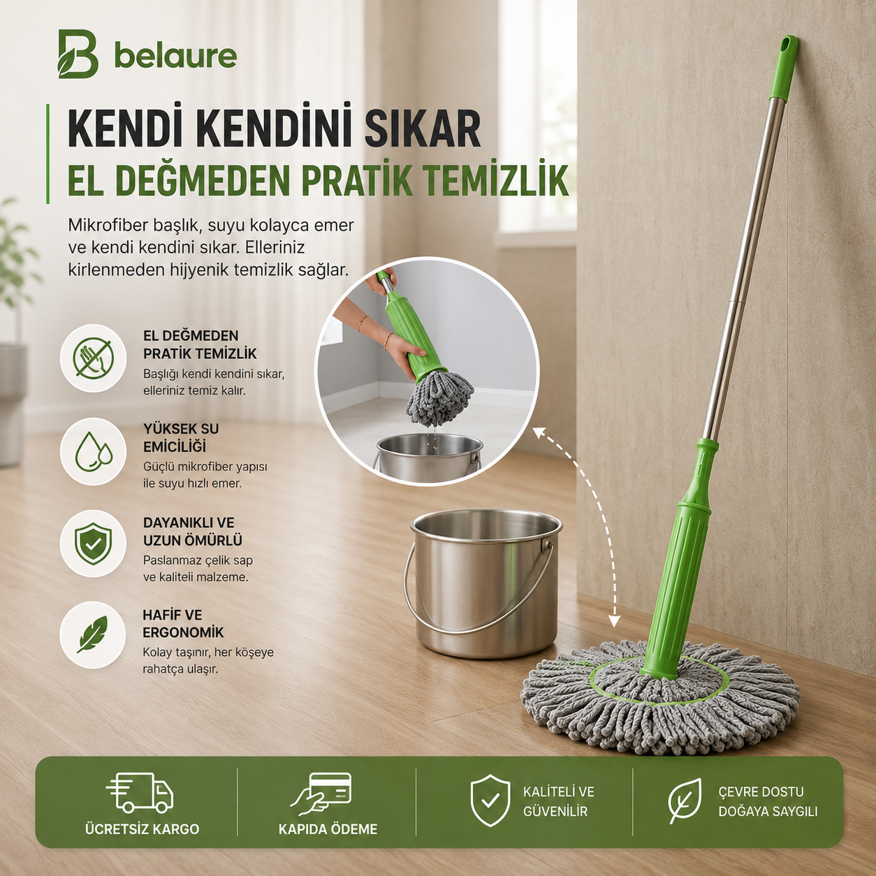 Belaure™ Pro - Yeni Nesil Kendinden Sıkmalı Çelik Saplı Mikrofiber Mop